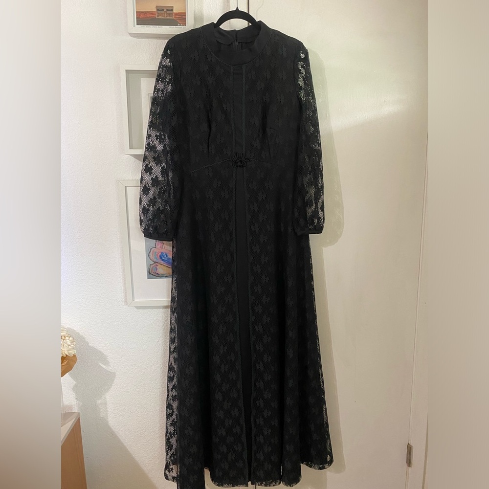 1970s Toni Todd Black Floral Lace Maxi Dress